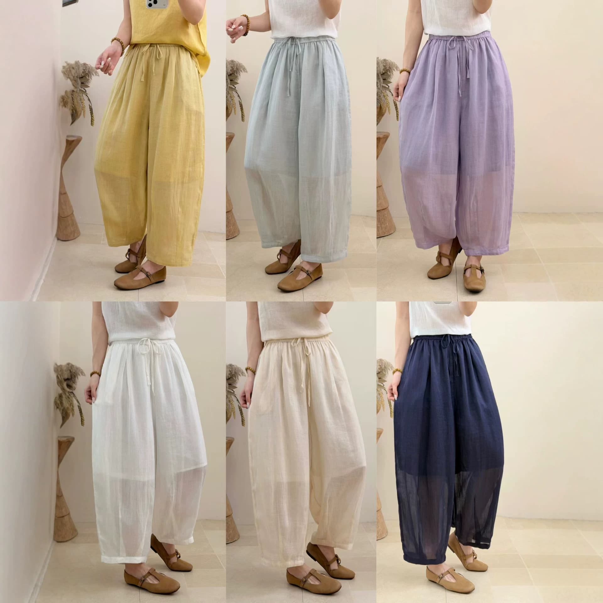 2026 New Ramie Nine-Point Pants Fashionable Versatile Pocket Elastic Waist Solid Color Ramie Casual Bloomers for Women