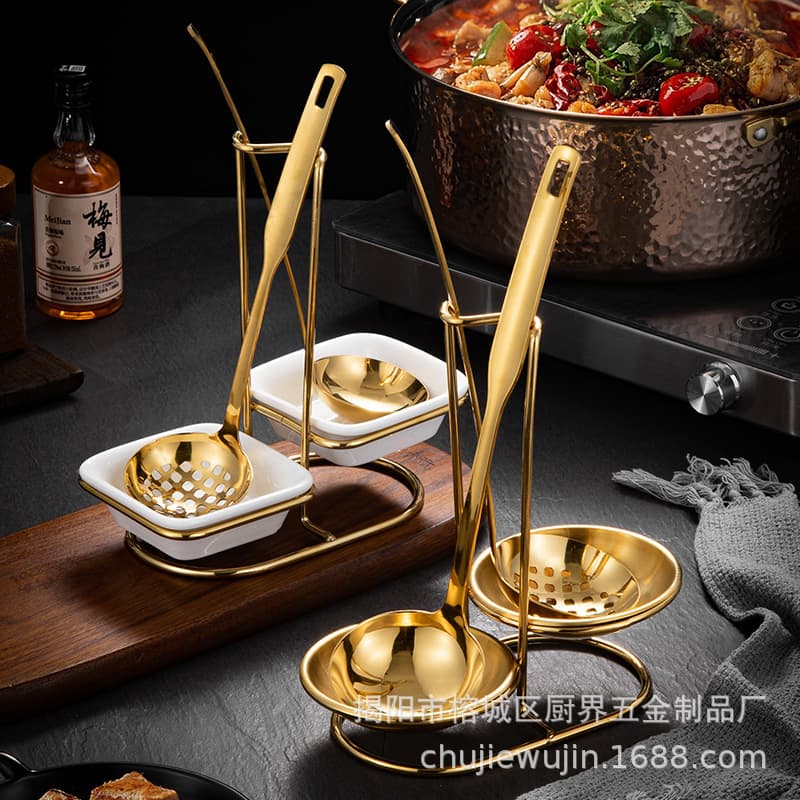 Gold Titanium-Plated Spoon Rest Stainless Steel Spoon and Slotted Spoon Holder Hot Pot Spoon Rest Hotel Kitchen Utensil Holder Ceramic Plate Hanging Spoon Rack