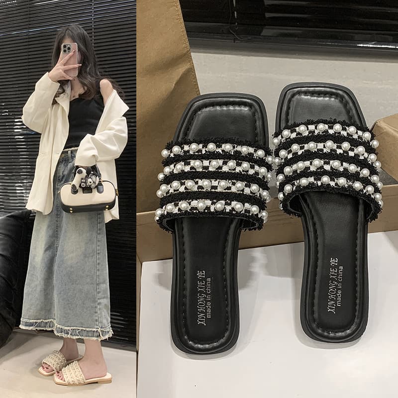 Trendy Pearl Slippers for Women, 2025 New Summer Fairy Style Beach Flat Strap Sandals for Dresses