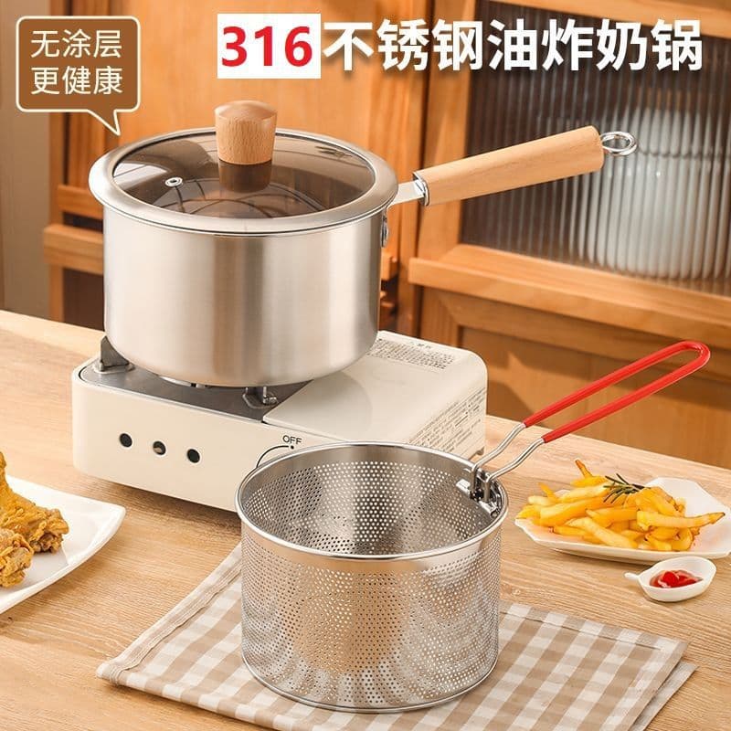 Stainless Steel Frying Pot, Baby Food Small Milk Pot, Household with Lid and Frying Basket, Small Fryer, Multi-Functional Kitchen Fryer