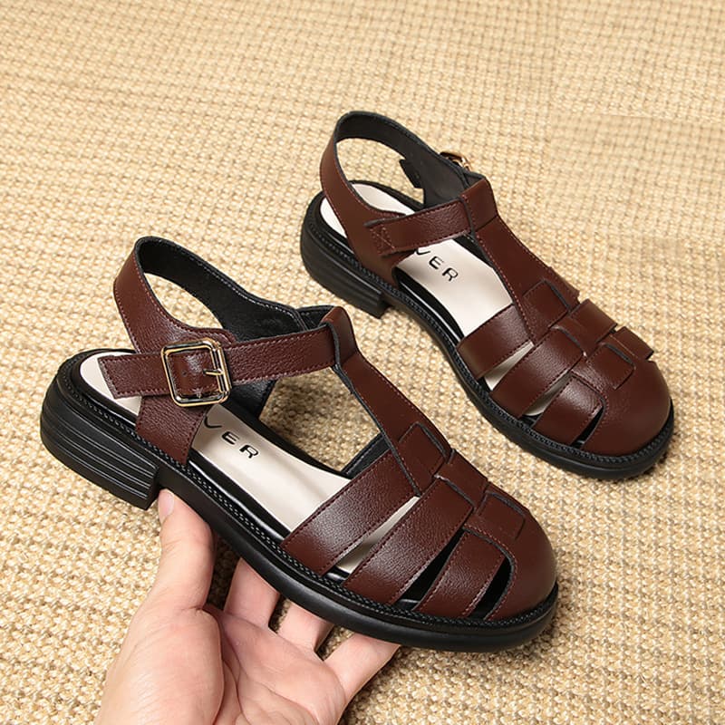 Middle-Aged Mother Sandals Soft Sole Women New Summer Closed-Toe Large Size Comfort Soft Leather Brown Flat Shoes