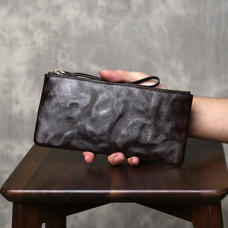 Genuine Leather Vintage Long Wallet for Men, First-Layer Cowhide with Hand-Grained Texture, Casual Storage Bag, Large Capacity Women's Clutch