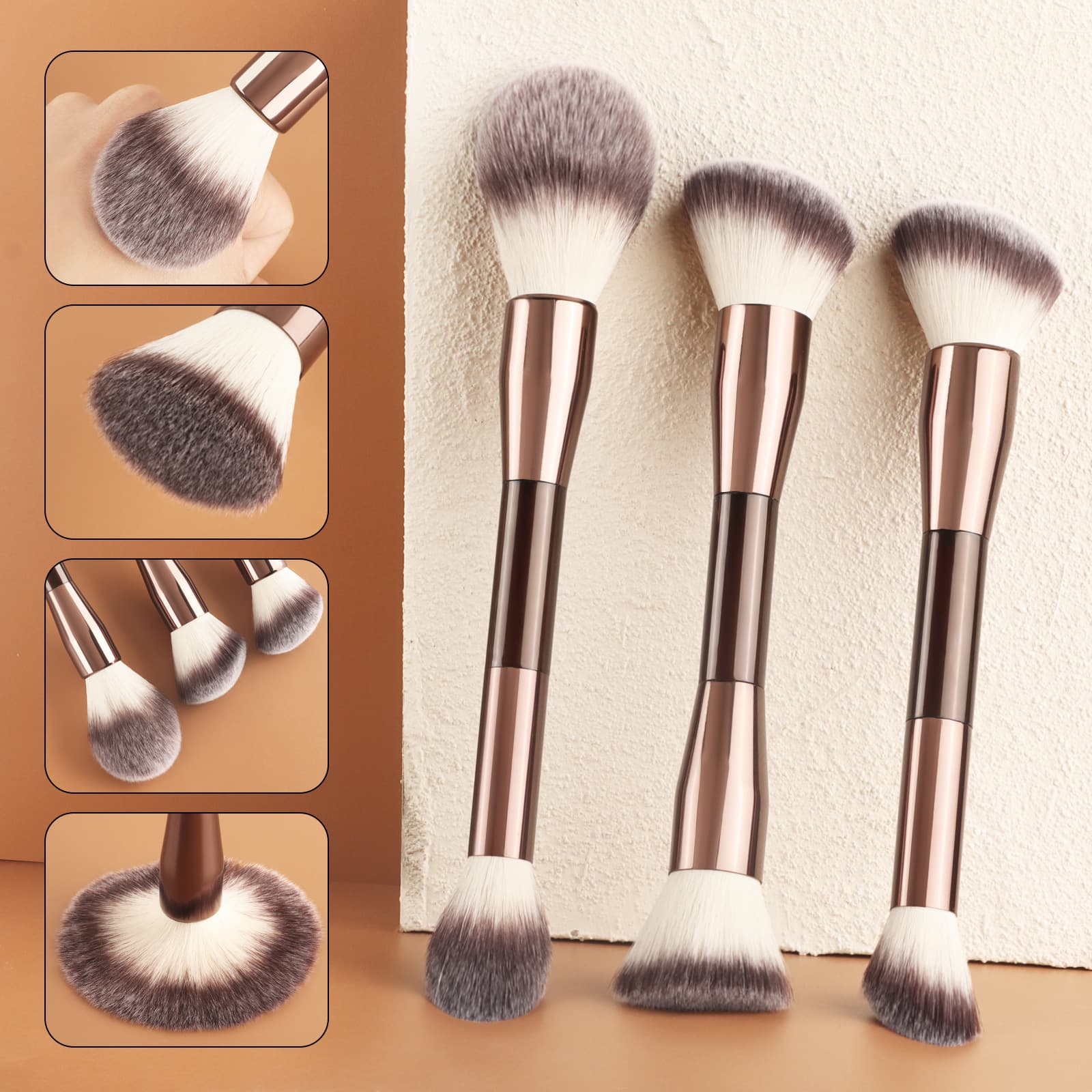 Nongying 3 coffee-colored double-head brushes, large round-head blush brush, oblique-head highlight brush, multi-functional makeup brush