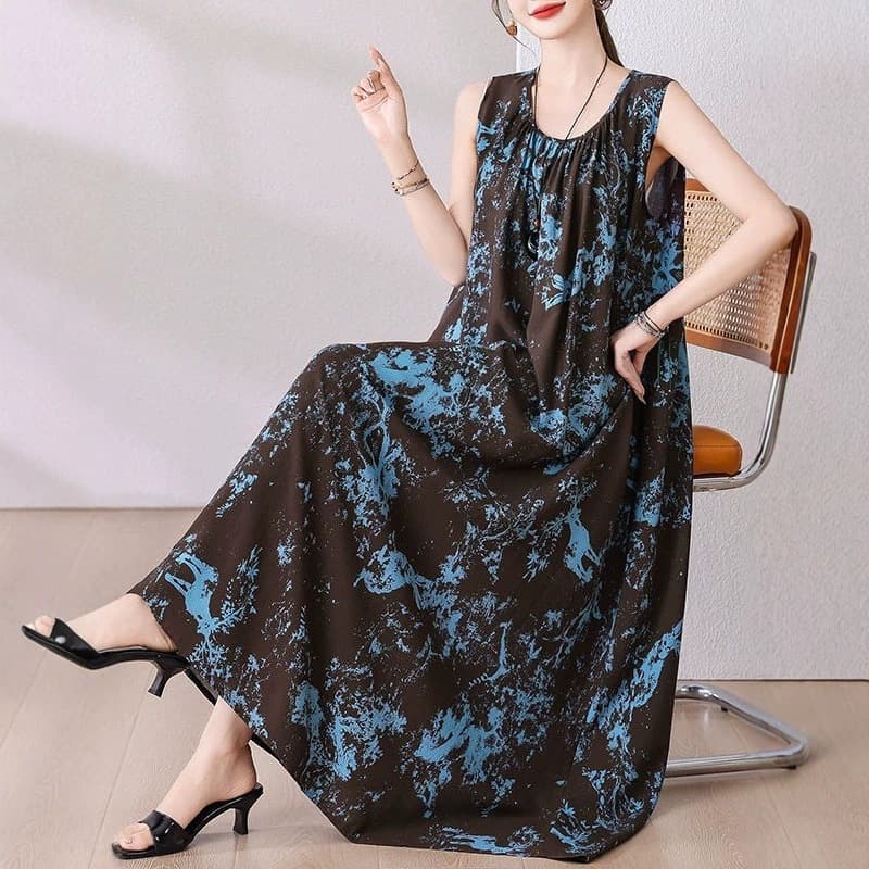 Summer Cool Elegant Camisole Cotton Silk Dress, Summer Sleeveless Rayon Long Dress, Loose Fit High-End Style