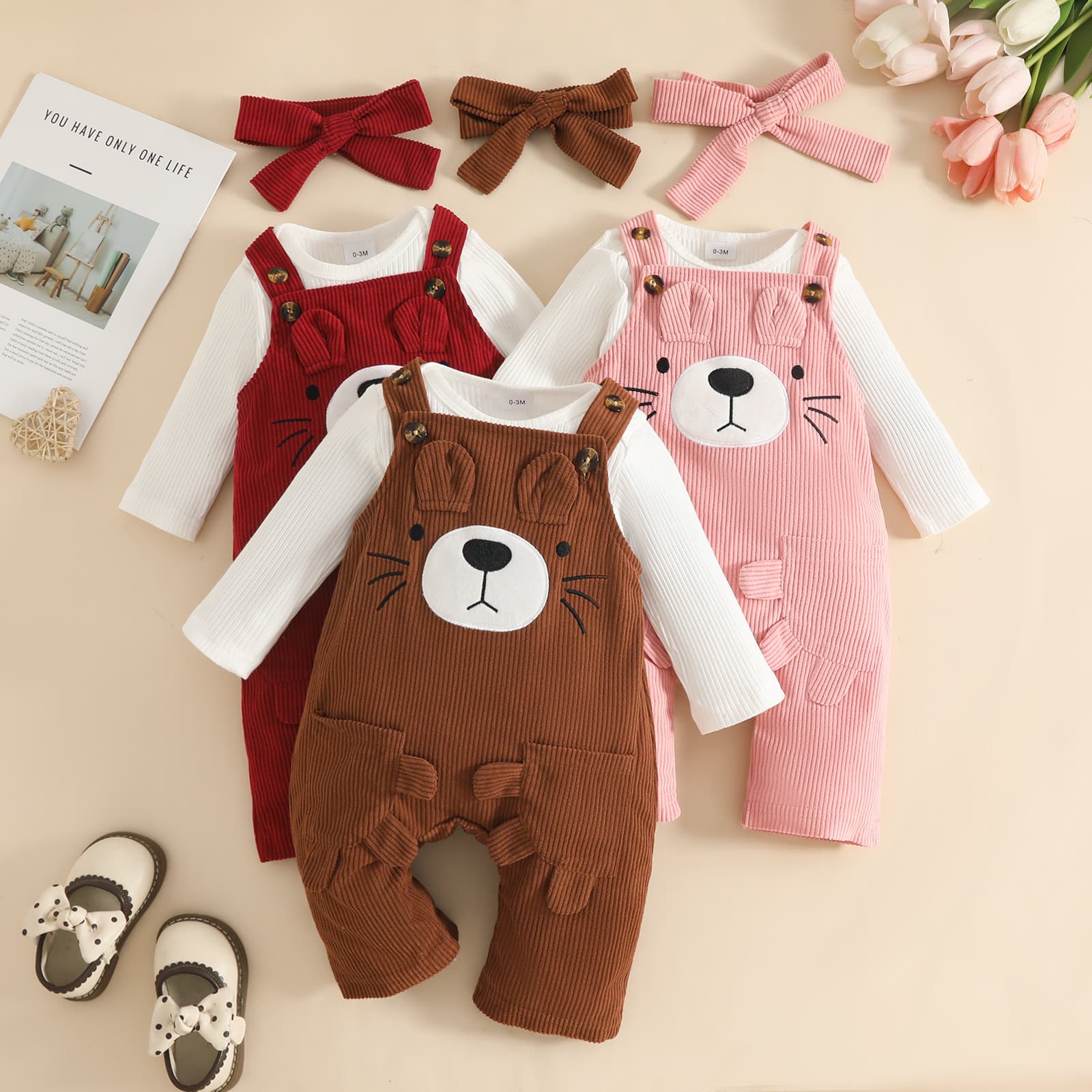 Baby autumn and winter harem overalls suit baby pit strip long-sleeved top bear corduroy suspenders purse trousers