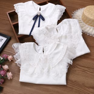 Girls White Base Layer Shirt Middle Big Kids Fashionable Lace Collar Long Sleeve T-Shirt Girls Pure Cotton Blouse Foreign Trade Children's Clothing