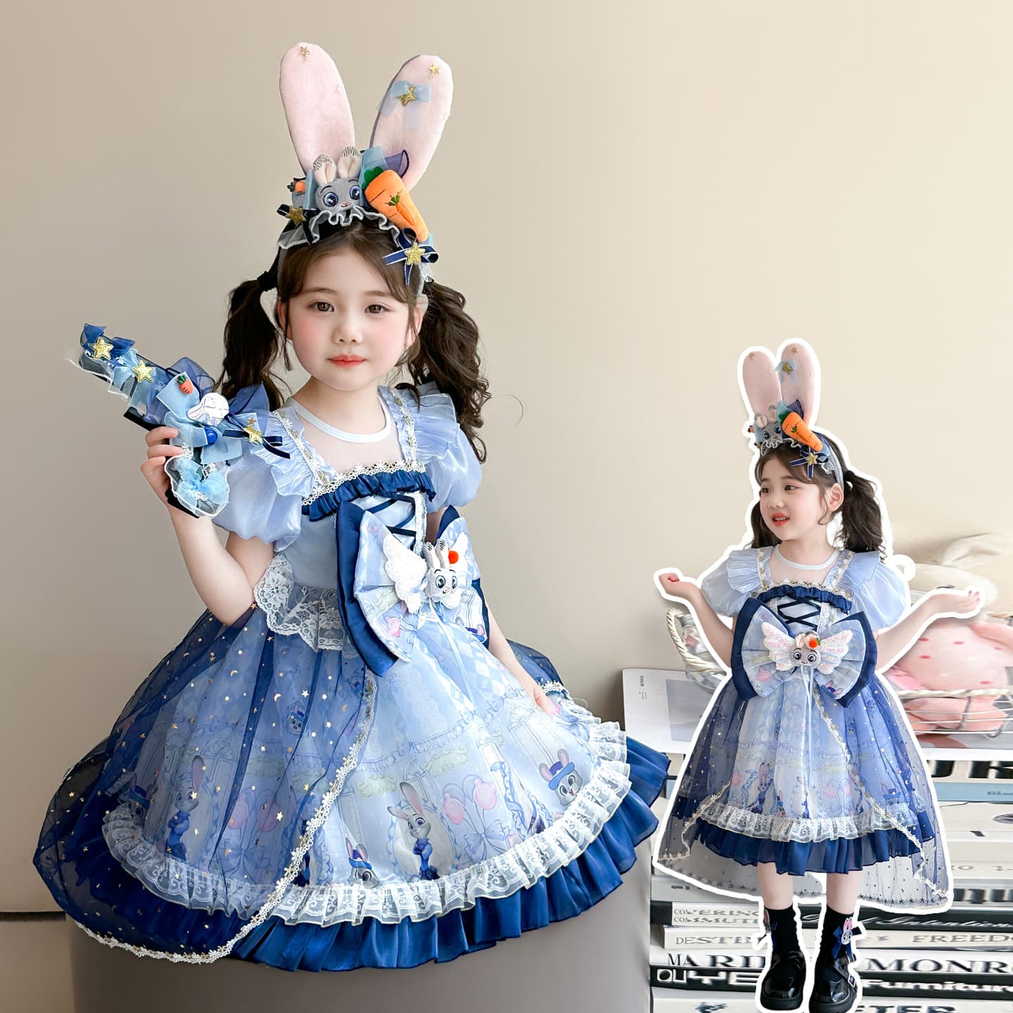 Girl's Rabbit Officer Dress Summer 2026 New Children's Wear Baby Lolita Heavy Craft Princess Dress