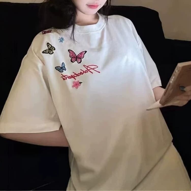 2026 Summer Sorona Cotton-Like Korean Style Ins Short Sleeve T-Shirt Loose Relaxed Butterfly Print T-Shirt Women Loose Plus Size