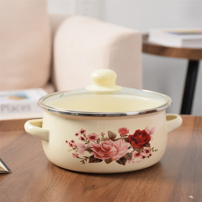 Thick Enamel Double-Ear Pot with Lid, Enamel Stew Pot, Soup Pot, Instant Noodle Pot, Home Soup Pot, Vintage Enamel Cooking Pot