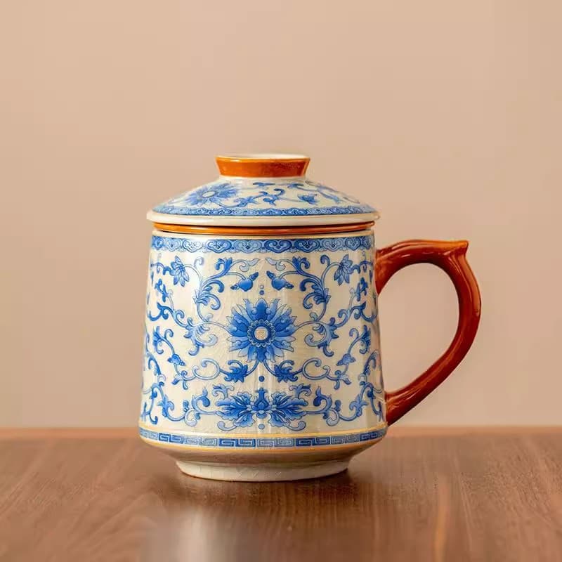 Blue and White Ru Kiln Interlocking Lotus Office Cup Ceramic with Lid Tea Separation Water Cup Home Chinese Style Mug Tea Cup