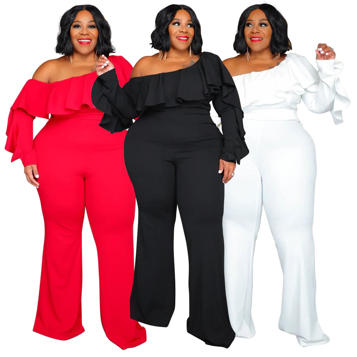 X6019 European and American plus size Cross-border New Women's Solid Color Sexy Fashion Loose Slant Shoulder Tube Top Jumpsuit Women