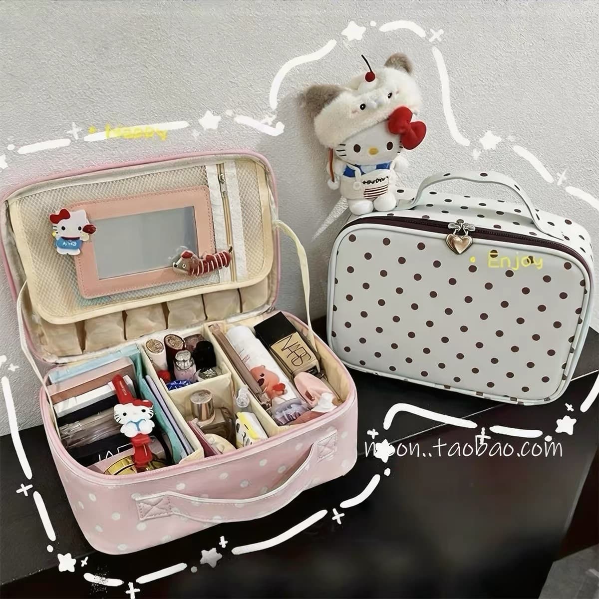 Polka Dot Multifunctional Foldable Cosmetic Bag, Large Capacity Portable Storage Bag, Waterproof Makeup Bag with Compartments and Mirror