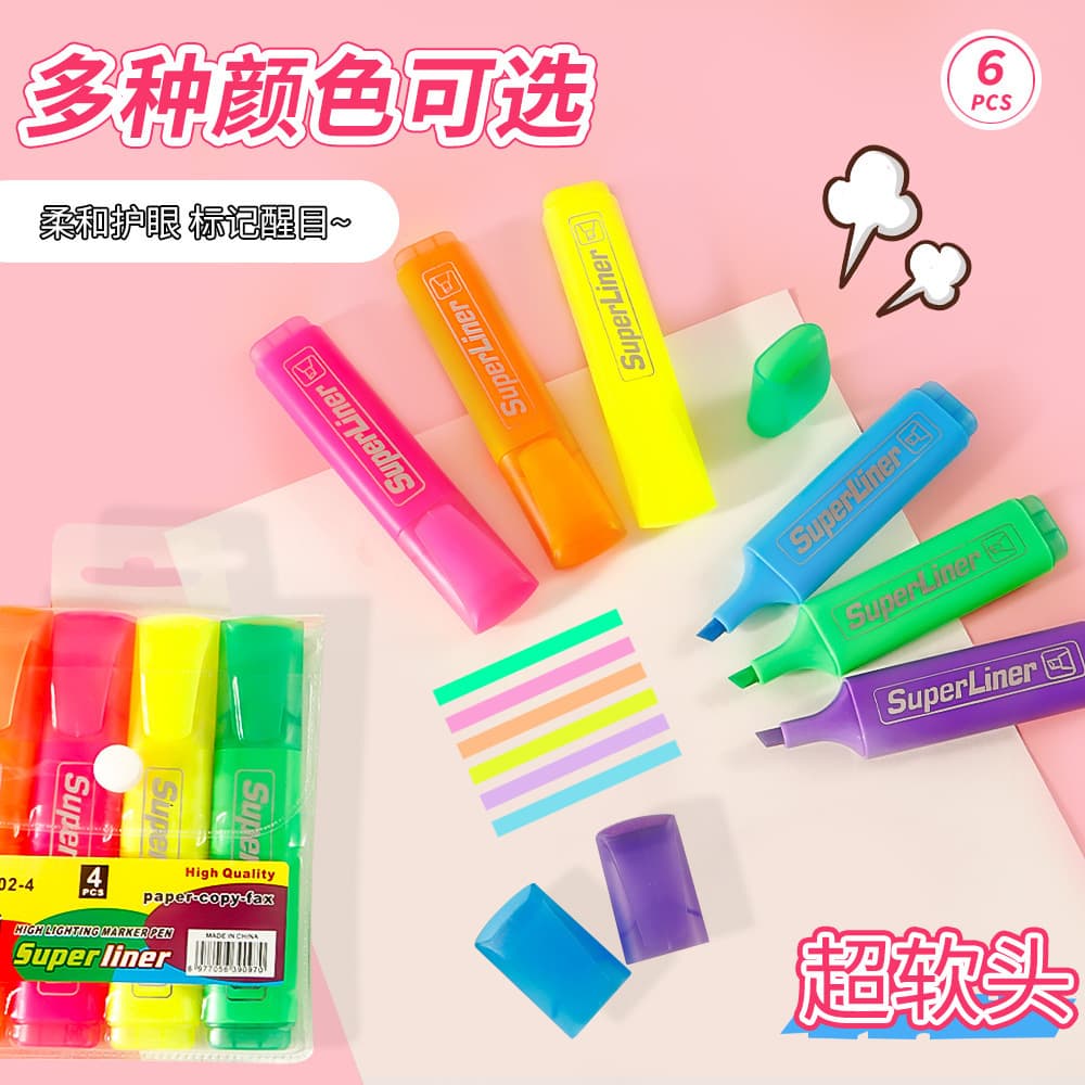 Highlighter foreign trade classic best-selling marker pen 6-color oblique-head color marker thick-head fluorescent office label pen