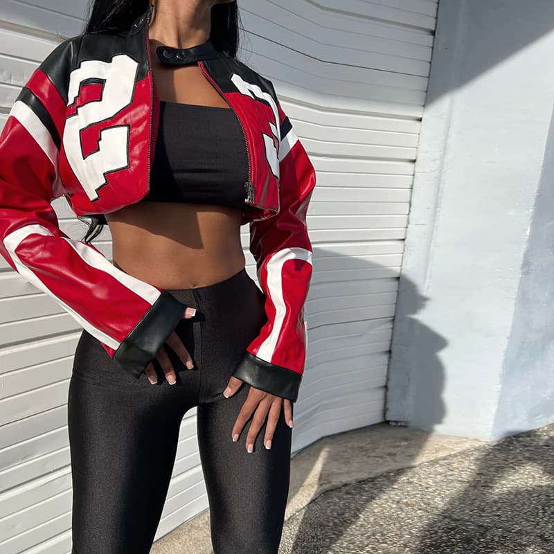 European and American Export 2026 Summer Women's New Fashion Motorcycle Contrast Color Embroidery Patchwork Slim Faux Leather Jacket