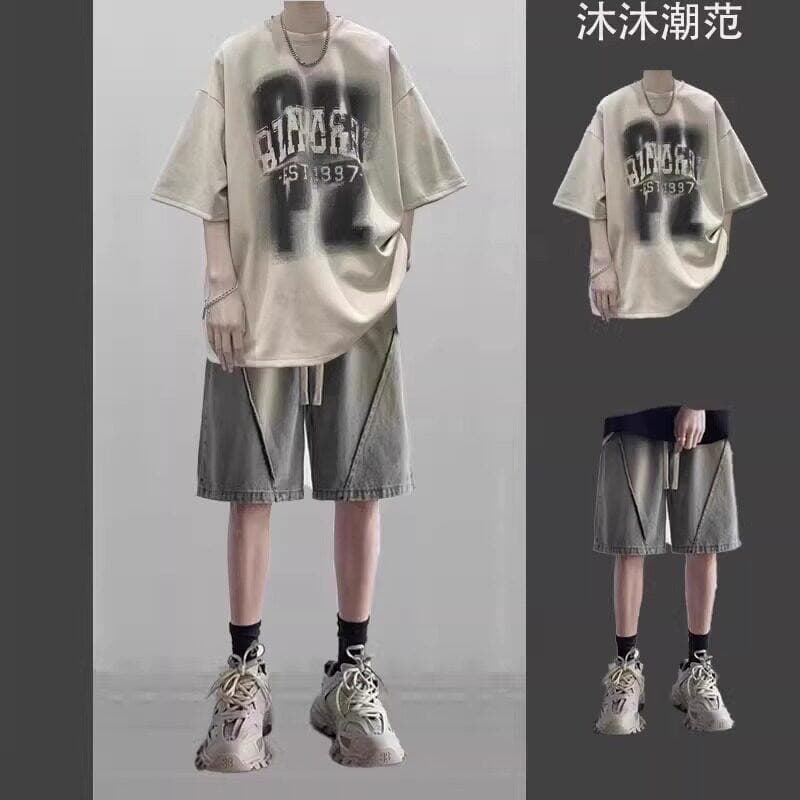 Men's Summer Casual Short Sleeve Set with Trendy Denim Shorts, Two-Piece Outfit