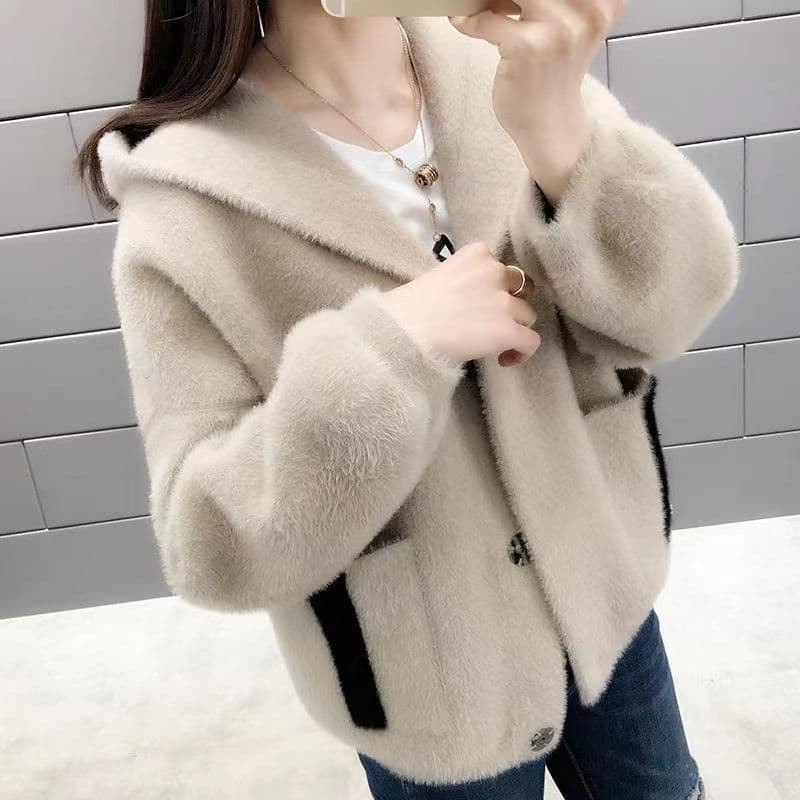 Women's Short Coat 2025 New Style Hooded Mink Velvet Cardigan Spring and Autumn Loose Versatile Sweater Coat