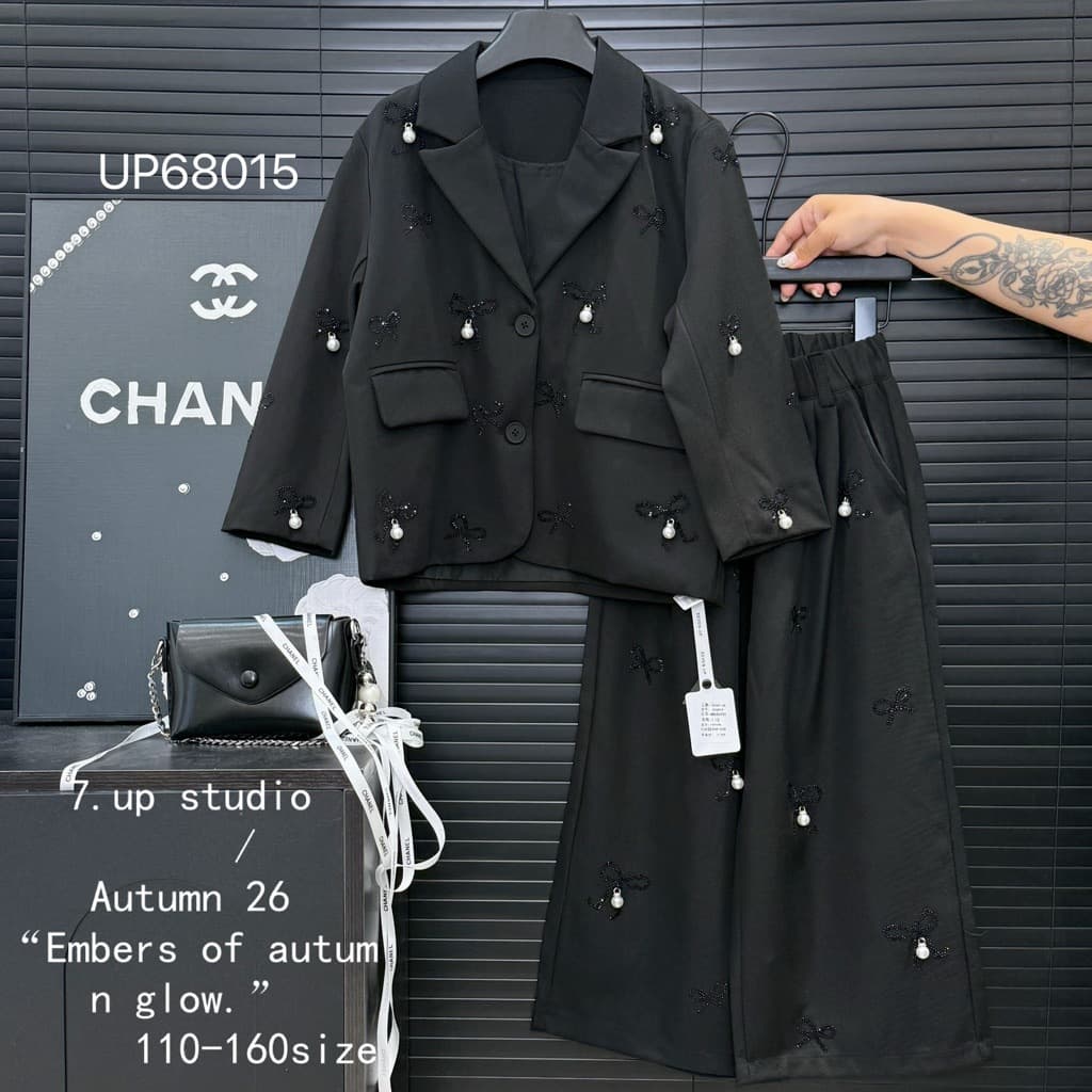 Girls Autumn Kids Suit Set European American Style Pearl Button Jacket Wide Leg Pants Two Piece Set Big Kids Zhili