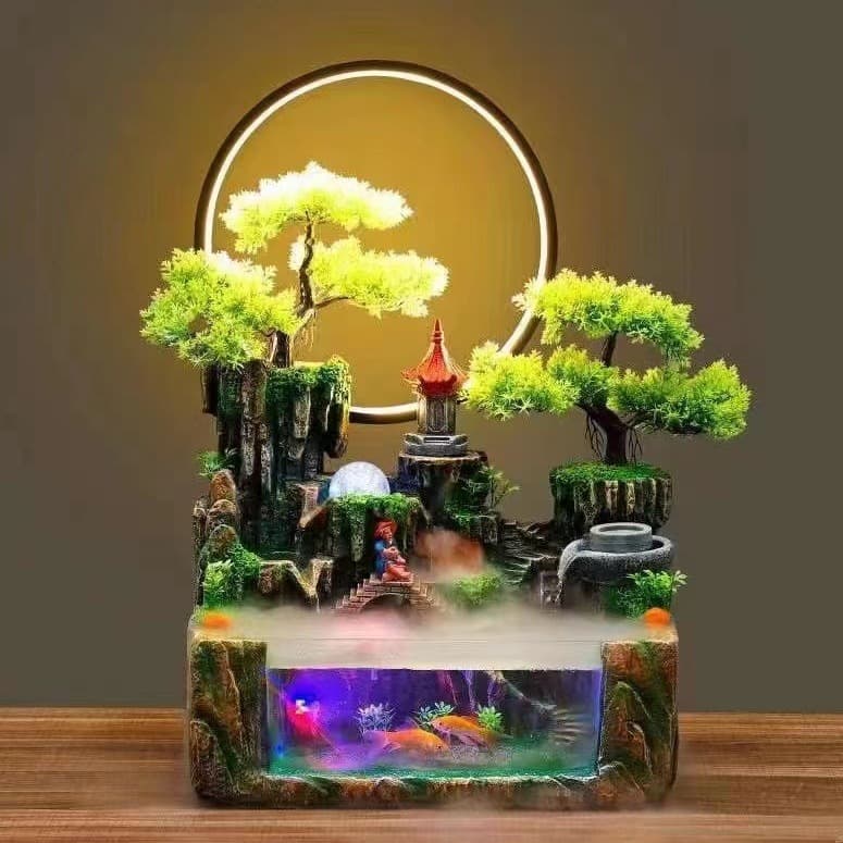 Alpine flowing water ornaments with lamp ring circulating glass fish tank indoor rockery fountain living room decoration factory ready supply