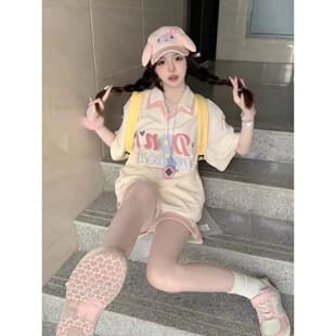 Sweet Sportswear Set for Women Summer Korean Loose Fashion Waffle Polo Short Sleeve Shorts Casual 2-Piece Set