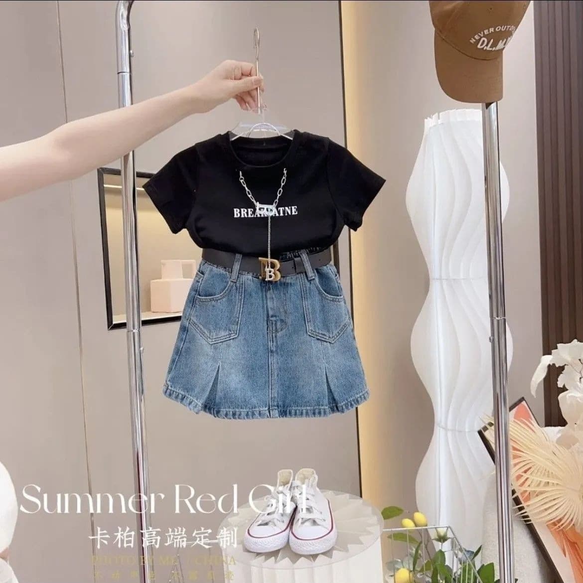 Girls summer suit 2026 new Korean style casual letter short-sleeved T-shirt simple denim skirt short skirt two-piece set