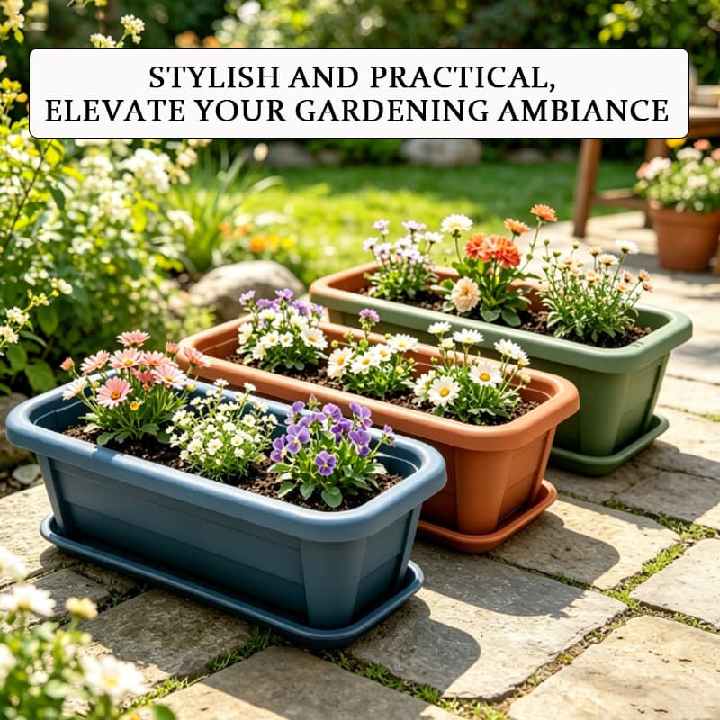 Plastic Potted Plant Flower Pot with Tray, Rectangular Creative Balcony Indoor Bonsai Round Succulent Small Pot