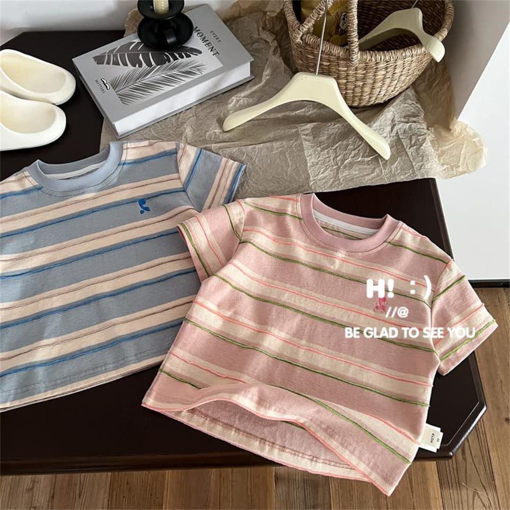 2025 Summer New Striped Short-Sleeve T-Shirt for Boys and Girls, 100% Cotton Pullover Top, Wholesale