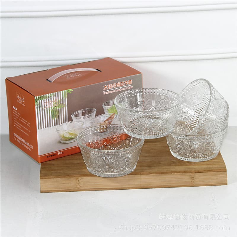 Sunflower Cup Bowl Set Glass Bowl Light Luxury Ice Cream Bowl Tableware Home High-Looking Dessert Embossed Salad Bowl
