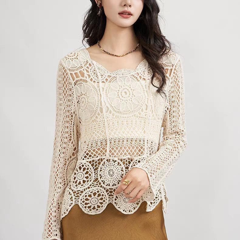 Retro bohemian style crocheted hollow sunscreen sweater travel and vacation design long-sleeved top for women