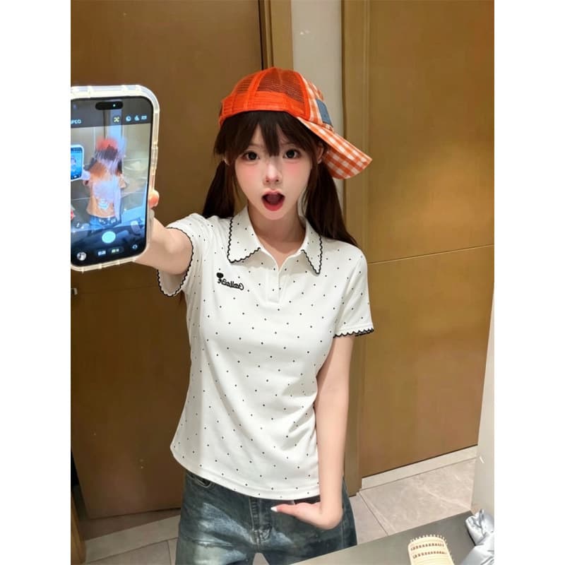 40s O'Dell 210g 92% Cotton 8% Spandex Polo Short Sleeve T-Shirt Women's Summer Letter Embroidery Top