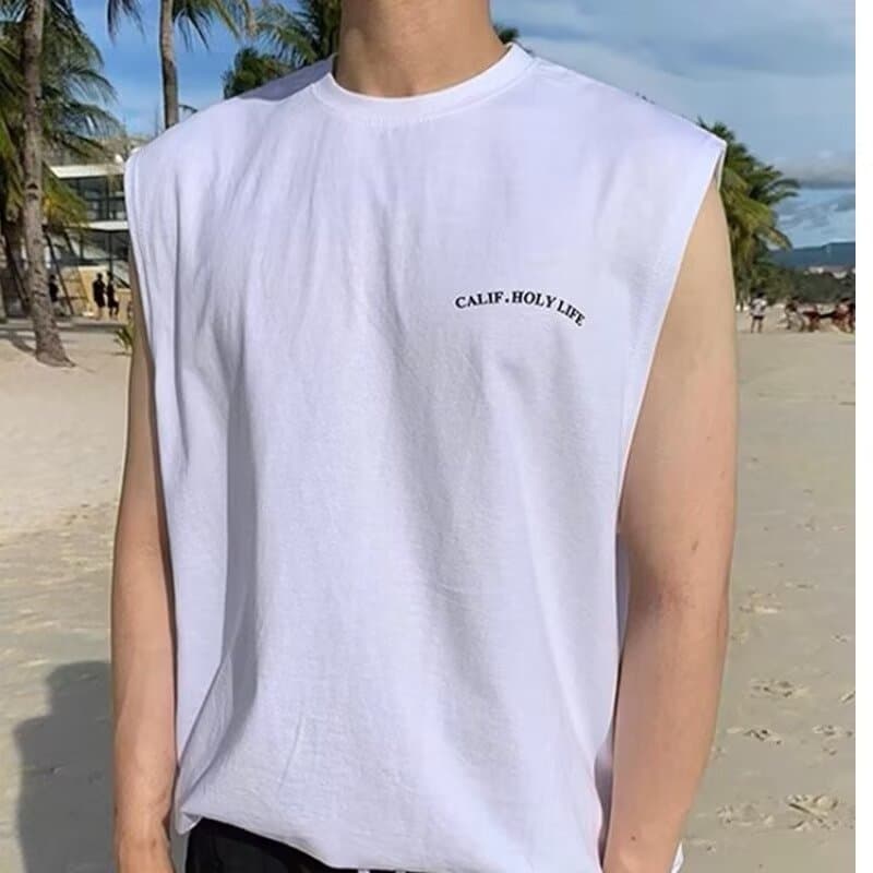 Summer New Hawaiian Vest with Letter Print for Men, Simple Sports Fitness Sleeveless T-Shirt Trend