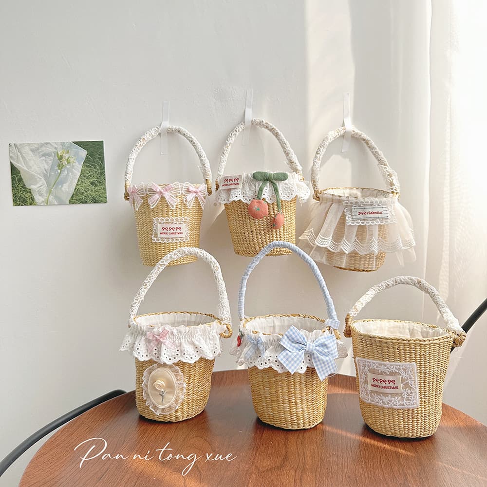 Rural Style Wicker Bucket Handbag Baby Girl's Handwoven Basket Bag Children's Small Clear Handcrafted Basket Shoulder Bag