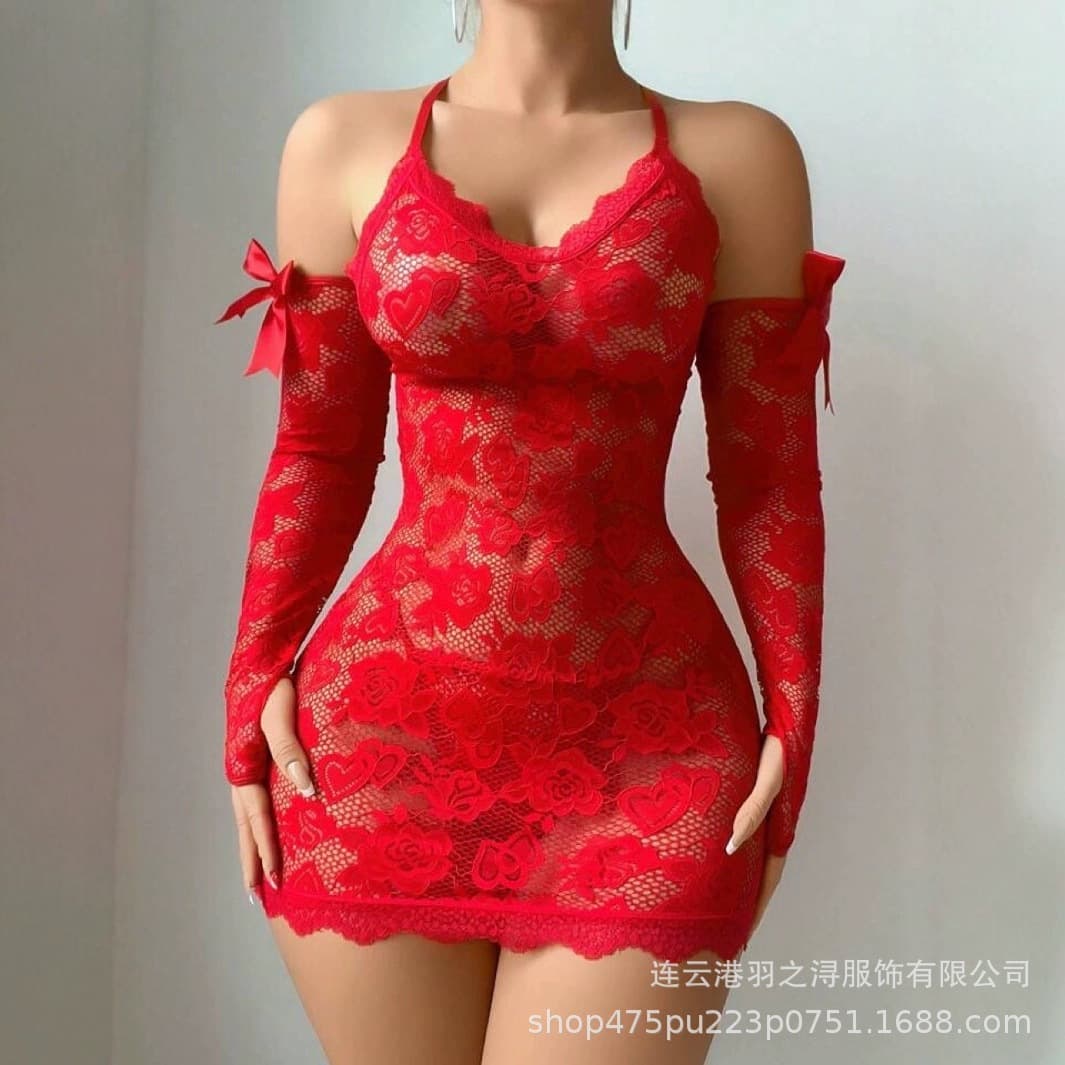 Women's Lace Pearls Chemise Lingerie Dress Halter