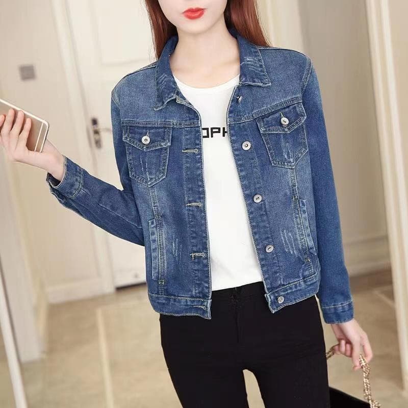 Fashionable Slim Fit White Denim Jacket for Spring and Fall, Petite-Friendly Korean Style Top in Deep Blue College Aesthetic