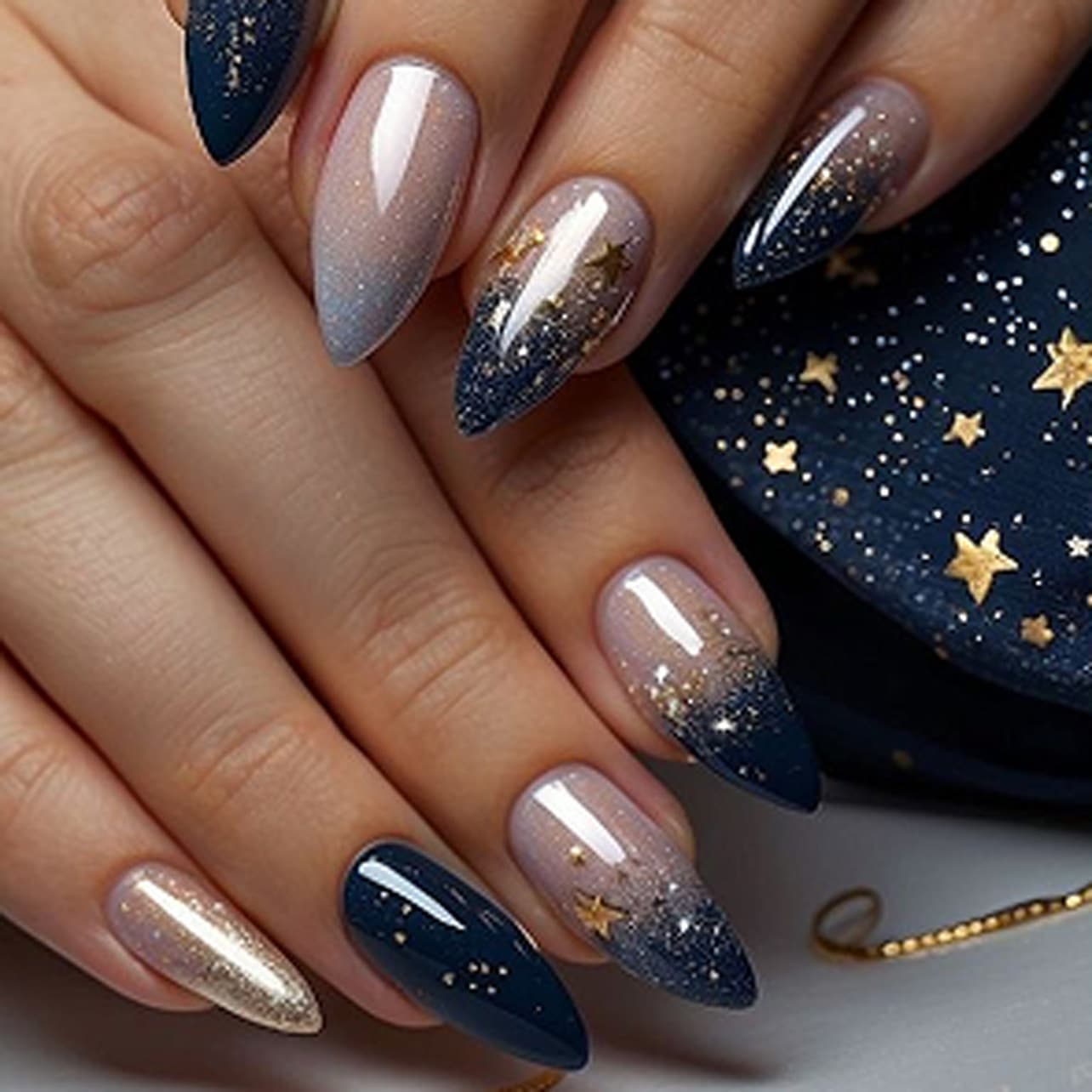 Short Cool Star Almond Nails with Glitter Gradient, Press-On Fake Nails for Wholesale