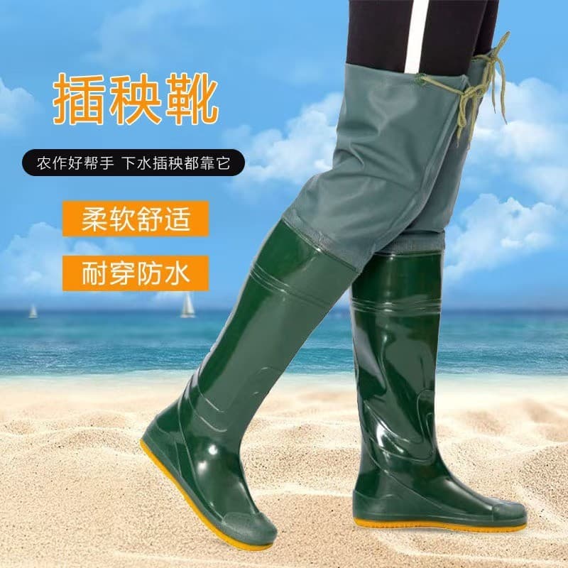 Rain King high-top transplanting boots, over-knee long water shoes, unisex paddy field farming soft sole sock fishing shoes, wading pants