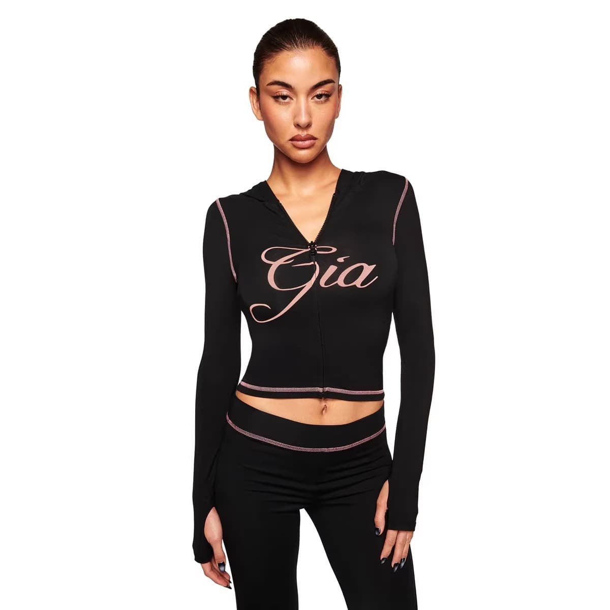 Y2K Trendy Color-Block Zip-Up Cropped Hoodie + Flared Leggings Two-Piece Women's Pants Set