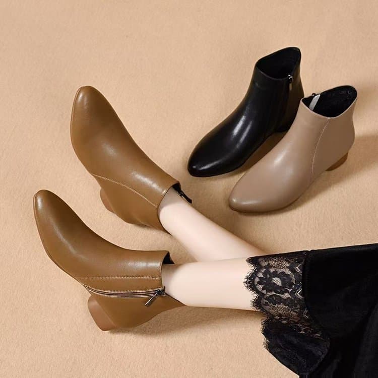 2025 New Autumn Winter Ankle Boots for Women Low Heel Leather Shoes Soft Pointed Toe Casual Short Boots Soft Leather Soft Sole Mother Shoes