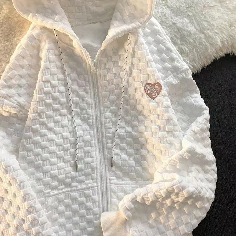 2025 Early Autumn New Hooded Hoodie Women Loose Waffle Knit Korean Style Versatile Design Sense Long Sleeve Cardigan Coat