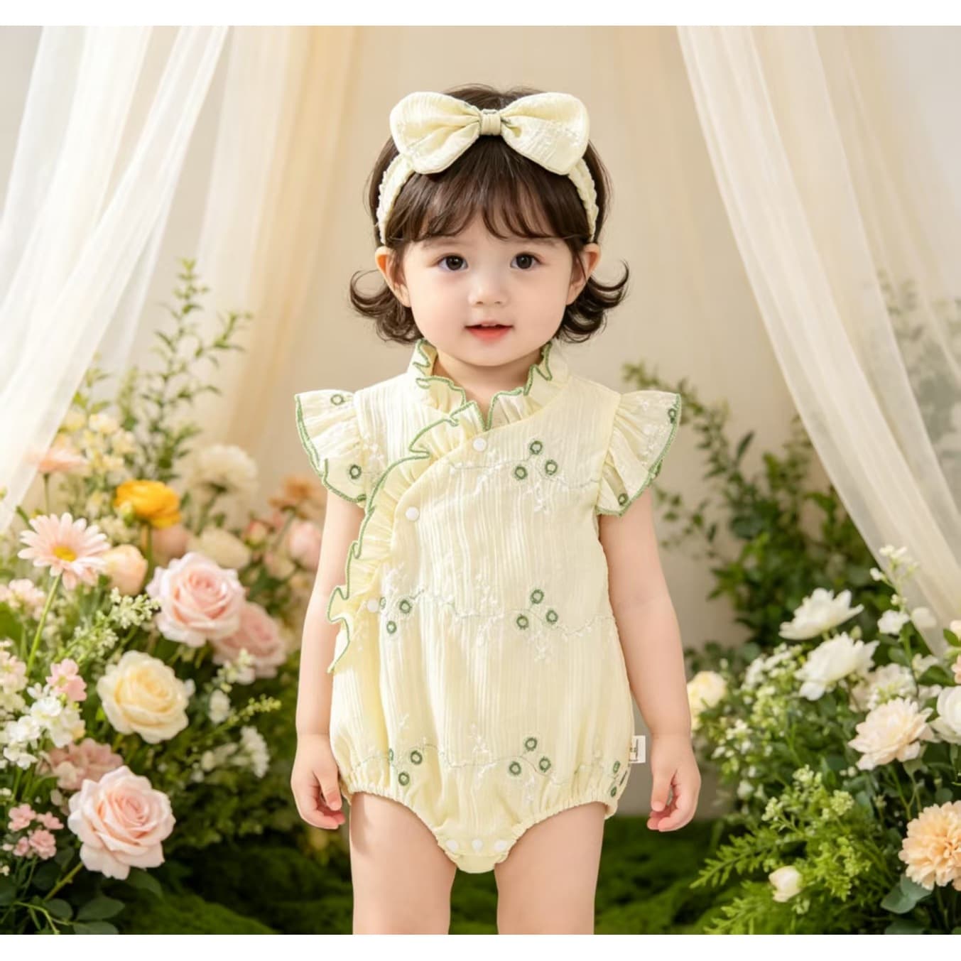 Baby baggy summer short-sleeved princess style baby girl jumpsuit summer style ancient style national style crawl suit
