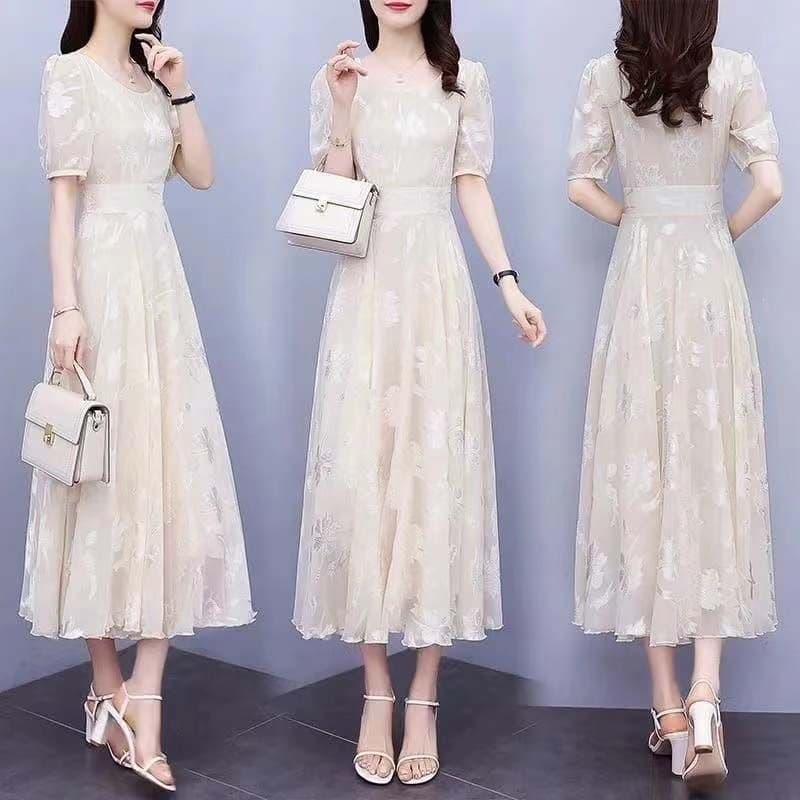 New Summer Short-Sleeve Floral Dress for Women Middle-Aged Moms Fashionable Korean Style Waist-Slimming Flared Dress