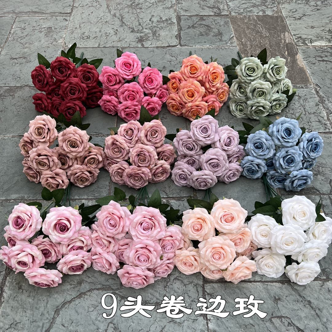 Simulated White Diamond Rose, 9-Head Curled Edge Rose, Vintage Oil Painting Rose Wedding Decoration Artificial Flowers Wholesale