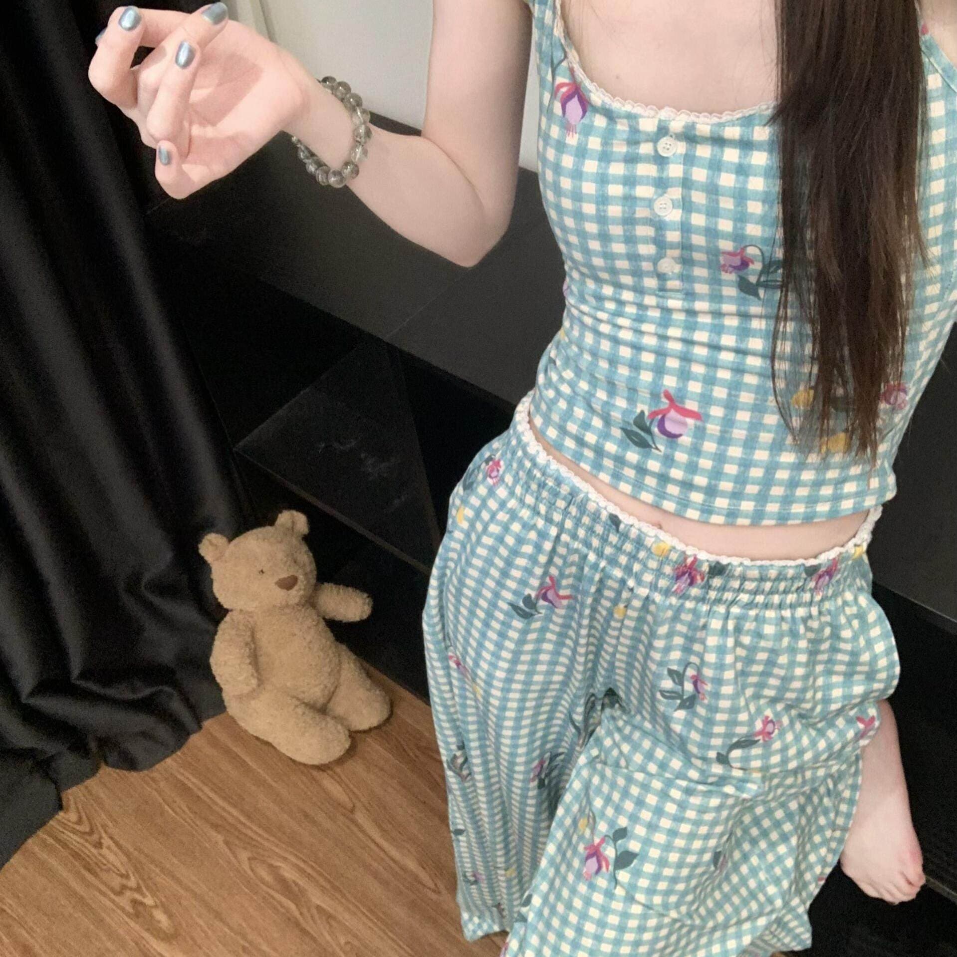 Korean Fresh Blue Plaid Floral Camisole Pajama Set for Women Summer New Slim Vest Long Pants Homewear Two-Piece Set