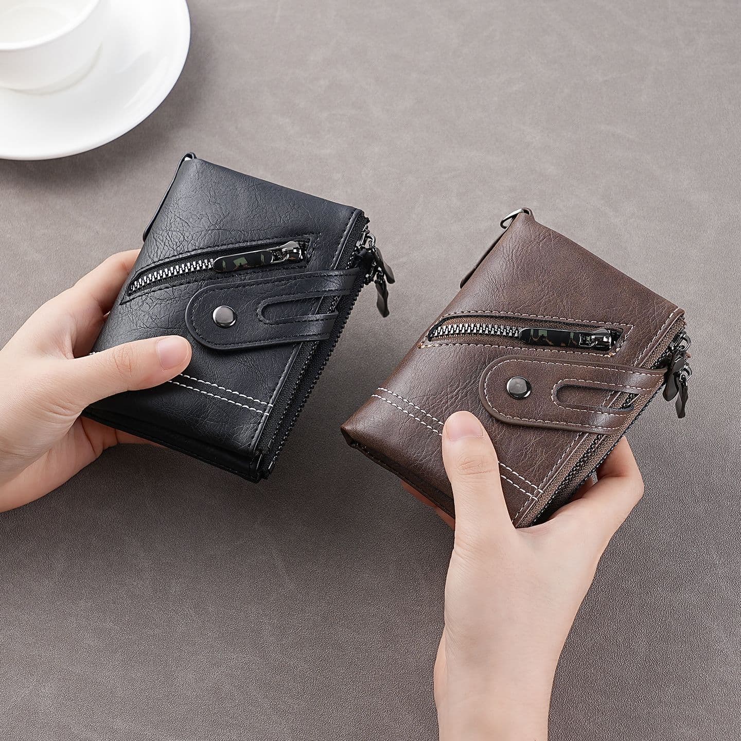 New Men's Short Wallet Premium Feel Cross-Border Business Double Zipper PU Men's Wallet Retro Small Wallet