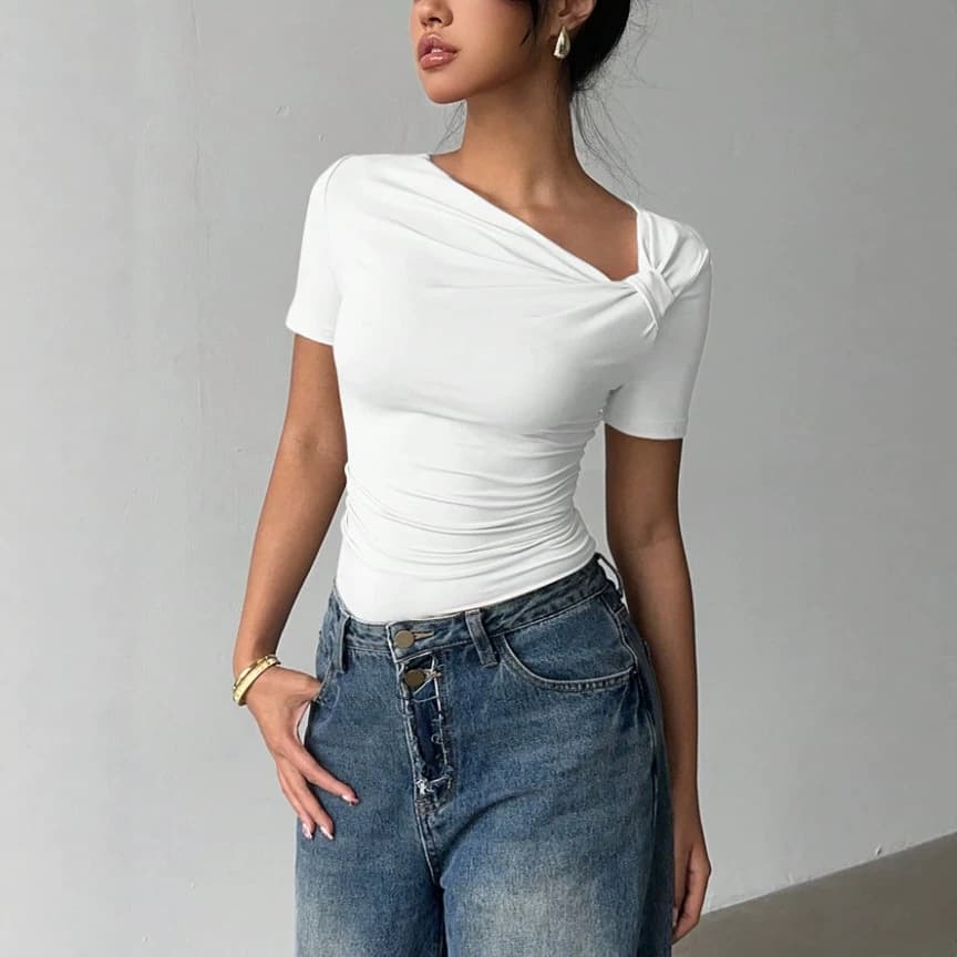 Short-sleeved pleated off-shoulder asymmetrical collar 2026 sexy waist new style T-shirt women's off-shoulder top American summer thin style
