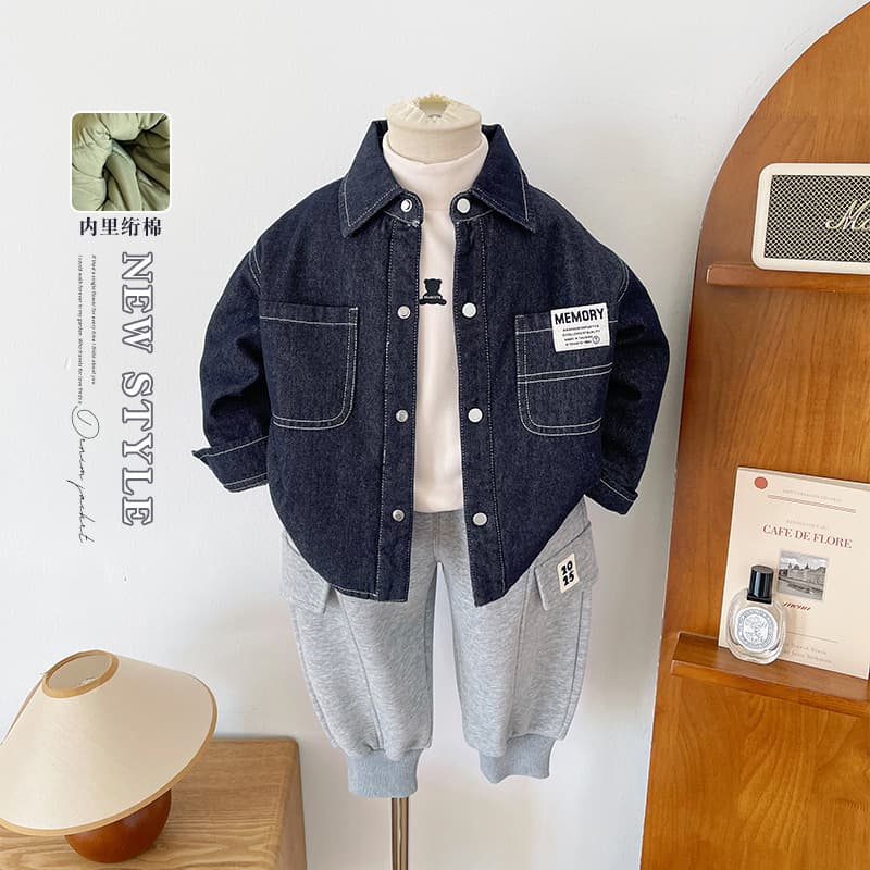 Wind Valley 2025 Winter New Kids Children Stylish Quilted Denim Shirt Unisex Versatile Chic Jacket