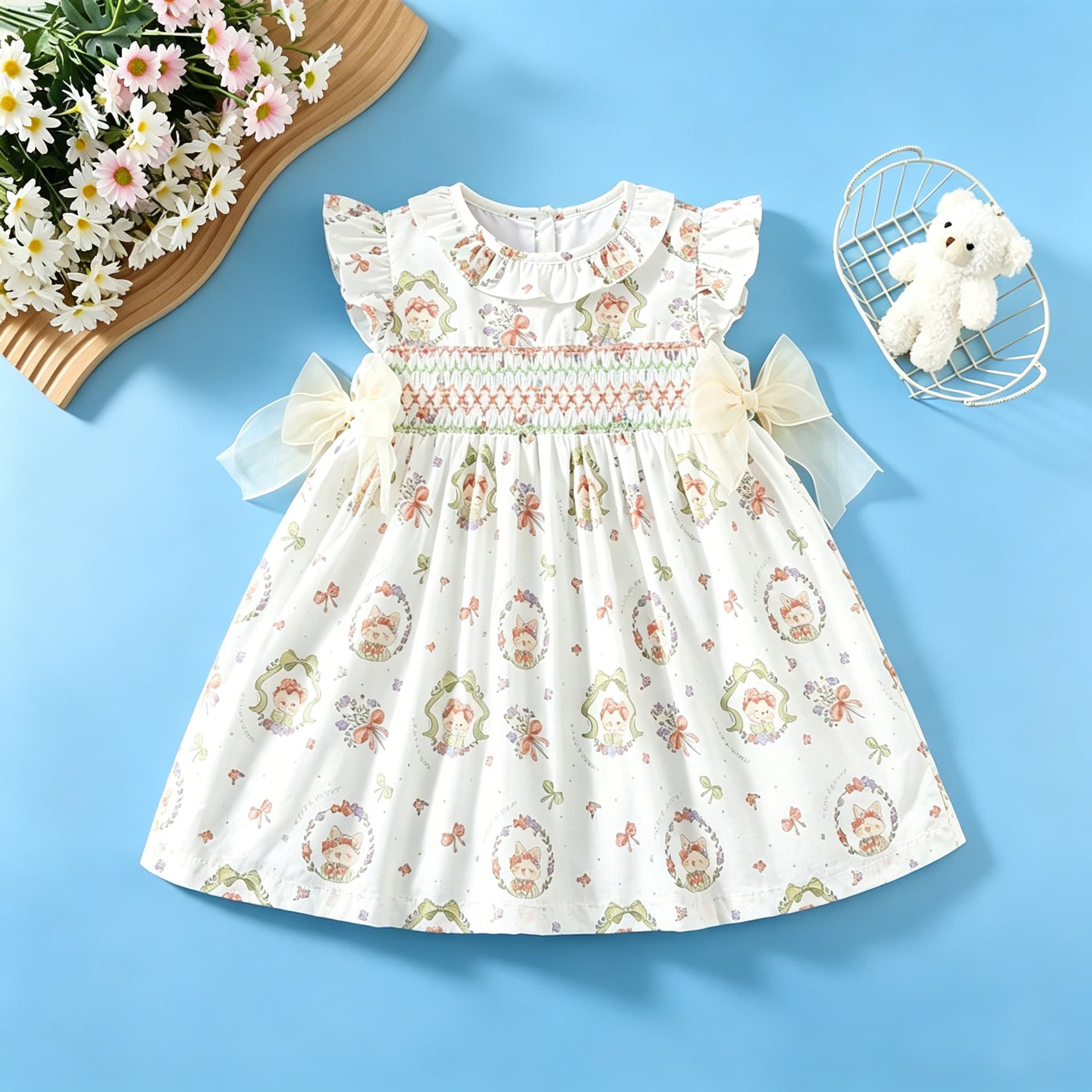 Girls' Smocked Lace Collar Dress Cotton Thin Children's Dress Baby Girl Summer Printed Flutter Sleeve Princess Dress