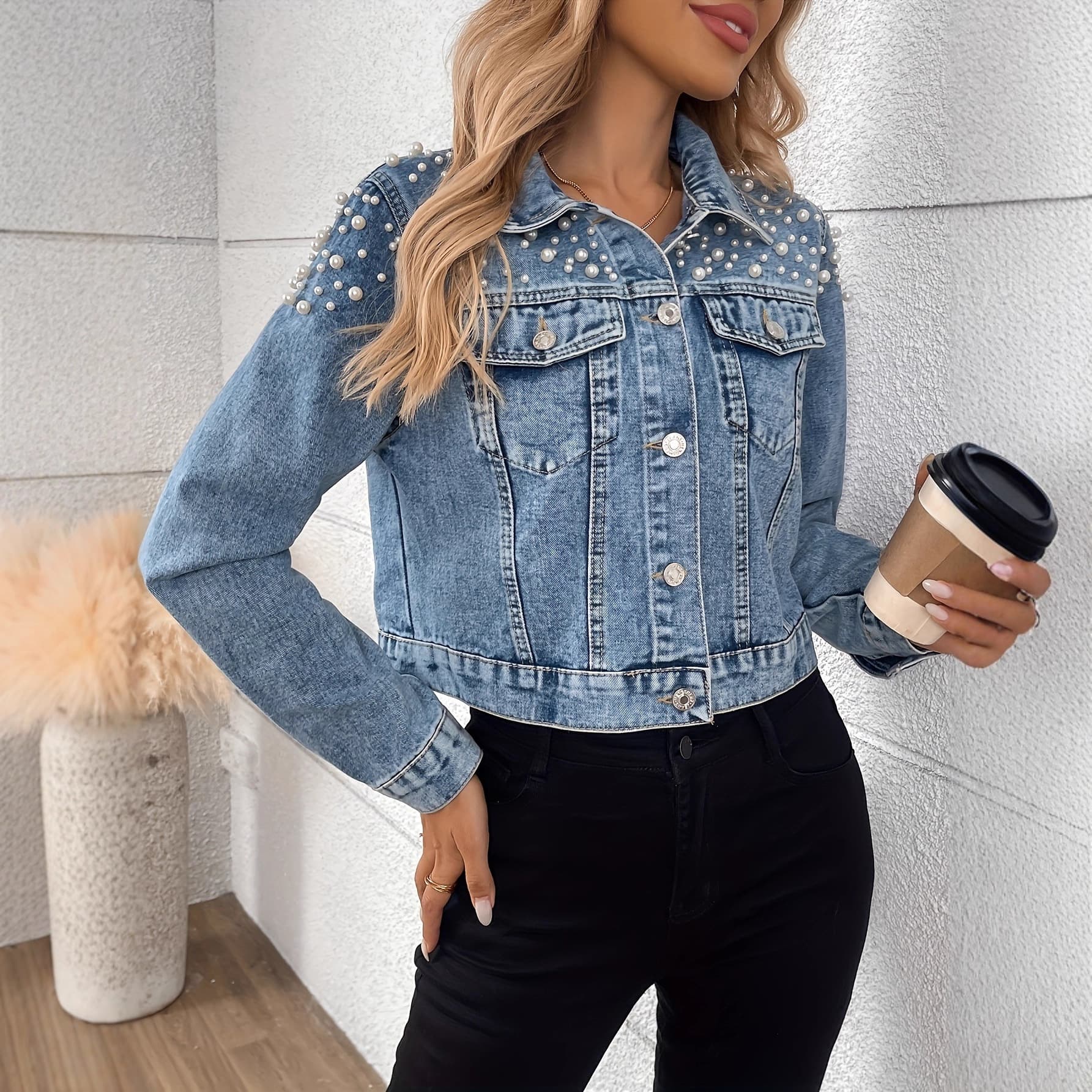 European and American New Style Cross-border Independent Station AliExpress Pearl Denim Jacket Studded Denim Short Jacket Women's Top