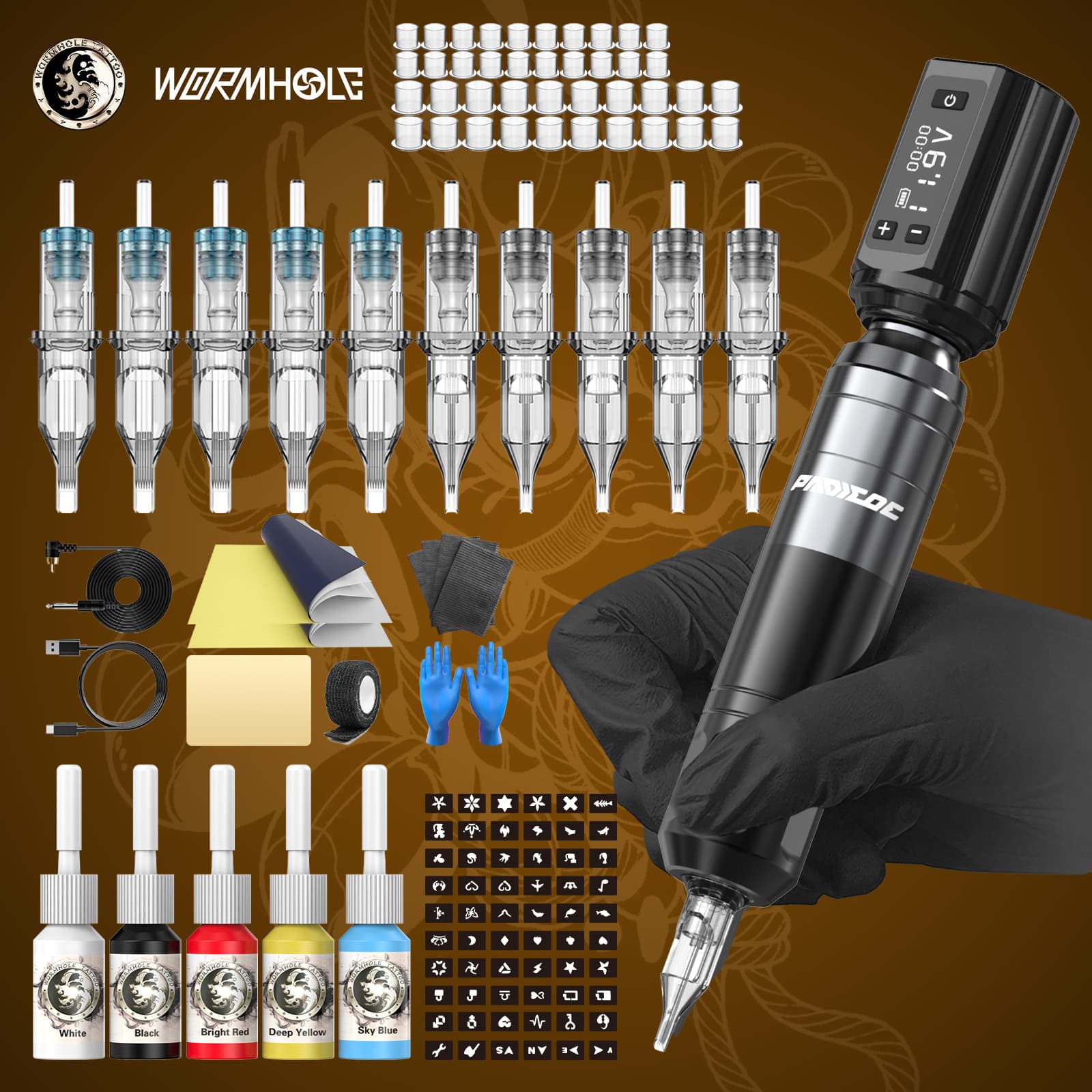Wormhole Hot Wireless Tattoo Pen Set with 10 Integrated Needle Tattoo Colors Cross-Border Amazon WTK361