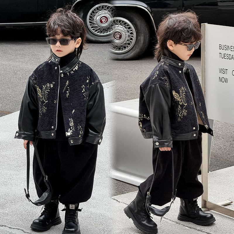 Boys' leather jacket 2025 new style Chinese style patchwork magpie jacquard national trend top children's leather jacket dropshipping