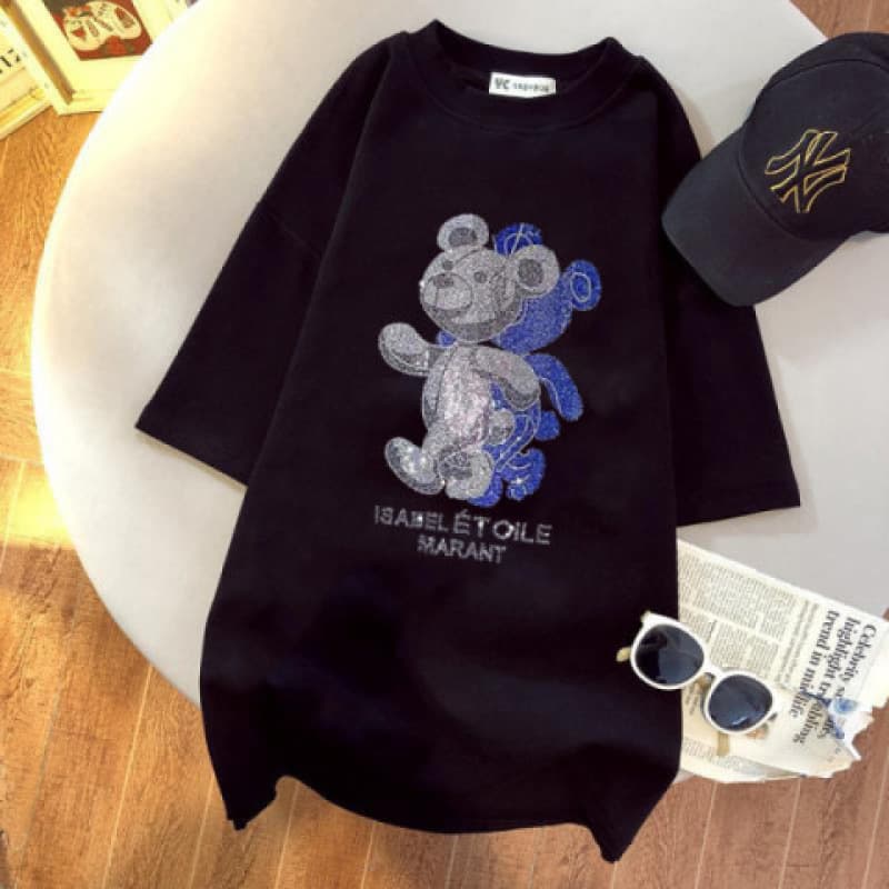200g Cotton Black and White Heavy Rhinestone Bear T-Shirt for Women 2024 Summer New Short Sleeve Mid-Length Top